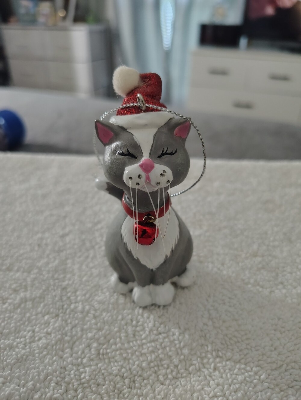 Gray & White Festive Cat Ornament with Red Hat and Bell By Ganz